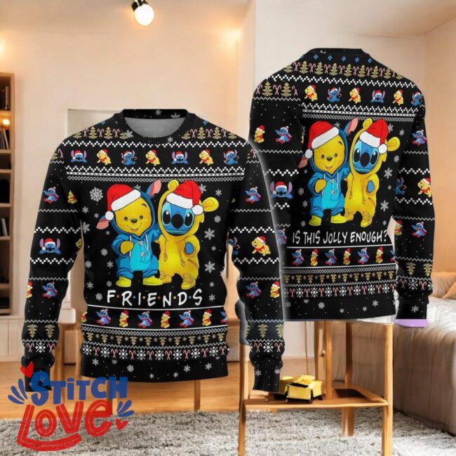 Christmas Pooh And Stitch Ugly Christmas Sweater, Stitch And Pooh Friends Sweater Product Photo 1