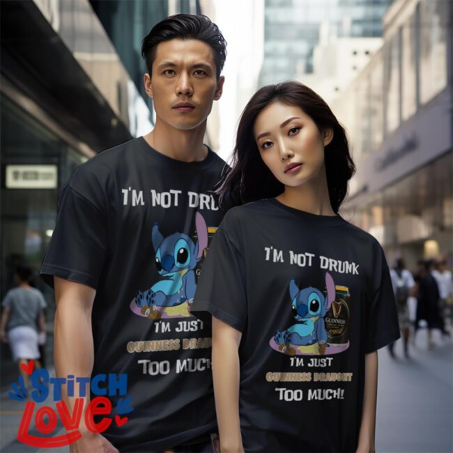 I'm Not Drunk, I'm Just Guinness Draught Too Much, Stitch Shirt - Black Couple White T-Shirt