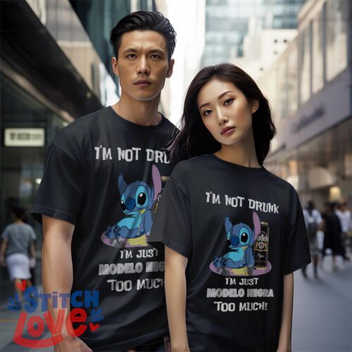 I'm Not Drunk, I'm Just Modelo Negra Too Much, Stitch Shirt - Black Couple White T-Shirt