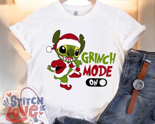 Santa Grinch Stitch Christmas Mode On, Funny Stitch Christmas T-Shirt Product Photo 1