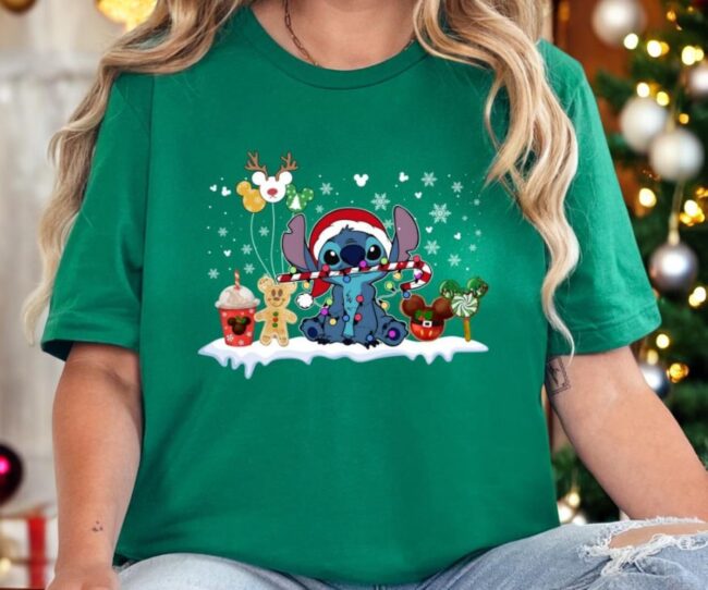 Stitch Christmas Cartoon Shirt, Super Cute Stitch Christmas Pattern Sweatshirt Product Photo 1