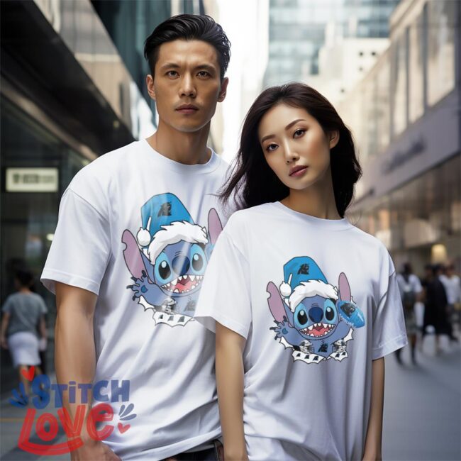 Carolina Panthers Stitch Lovely Christmas Shirt - White Couple White T-Shirt