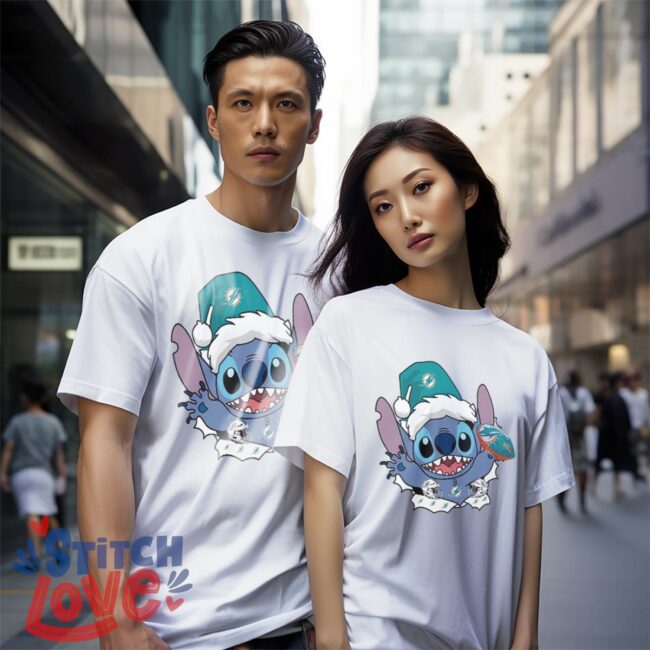 Miami Dolphins Stitch Lovely Christmas Shirt - White Couple White T-Shirt