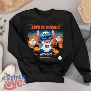 Stitch Halloween Cincinnati Bengals Life Is Scary Halloween Shirt For Fans - Black Sweatshirt