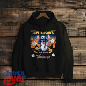 Stitch Halloween Minnesota Vikings Life Is Scary Halloween Shirt For Fans - Black Hoodie