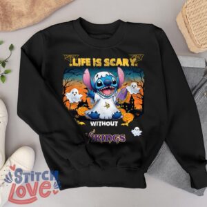 Stitch Halloween Minnesota Vikings Life Is Scary Halloween Shirt For Fans - Black Sweatshirt